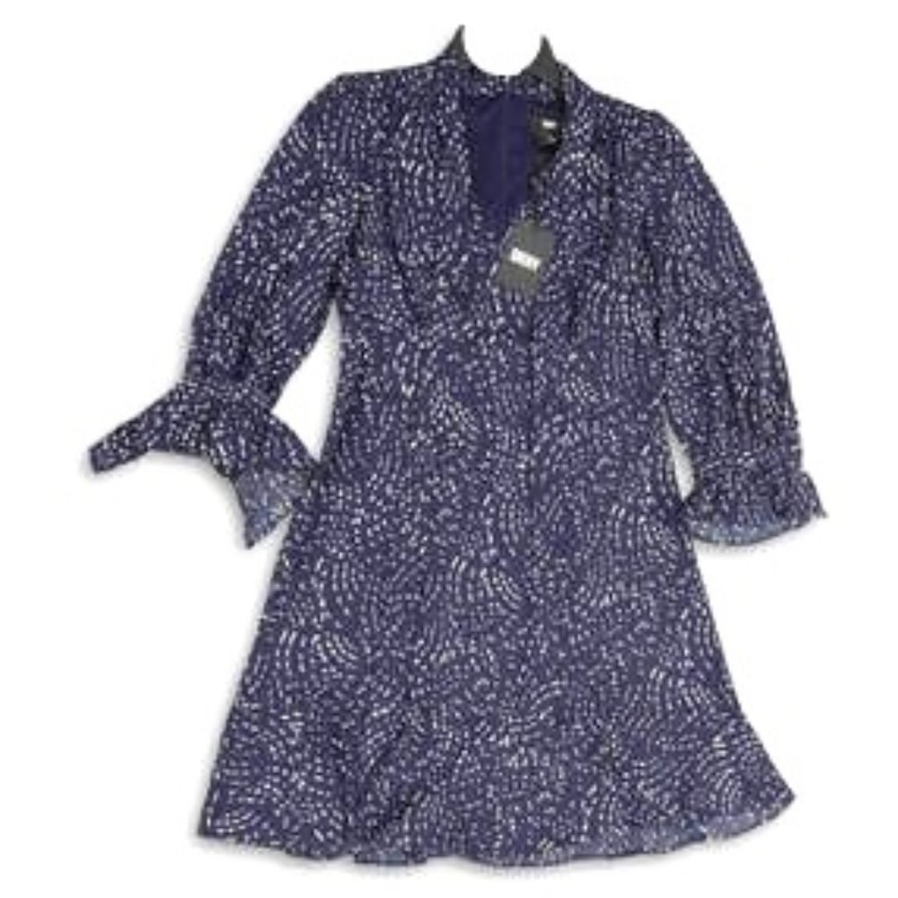 BNWT DKNY Navy Printed Tie Neck Bishop-Sleeve Mini (6) - Picture 2 of 12